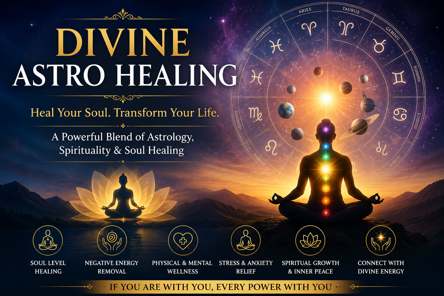 Divine Astro Healing featuring meditation, zodiac wheel, planets, chakra energy, soul healing, spiritual wellness, and astrology-based healing.