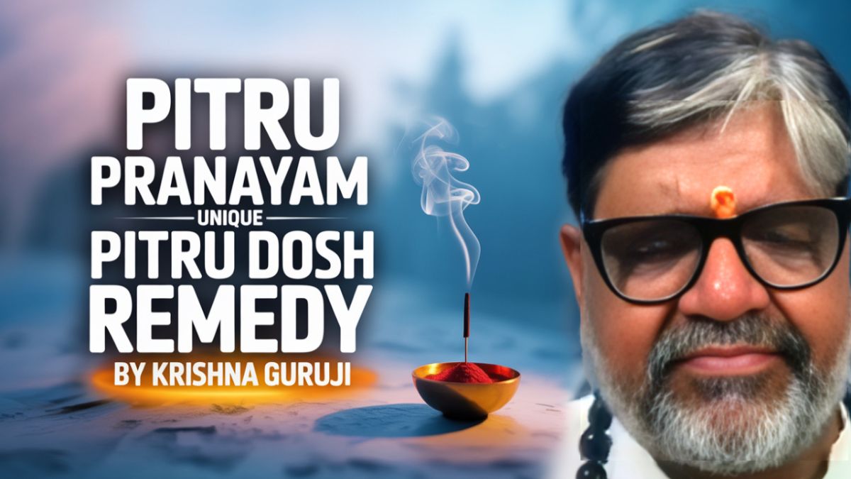 Visual of Krishna Guruji explaining Pitru Pranayama – a breath-based practice to reconnect with ancestors and balance Pitru Dosh using the Shwaas Mantra.