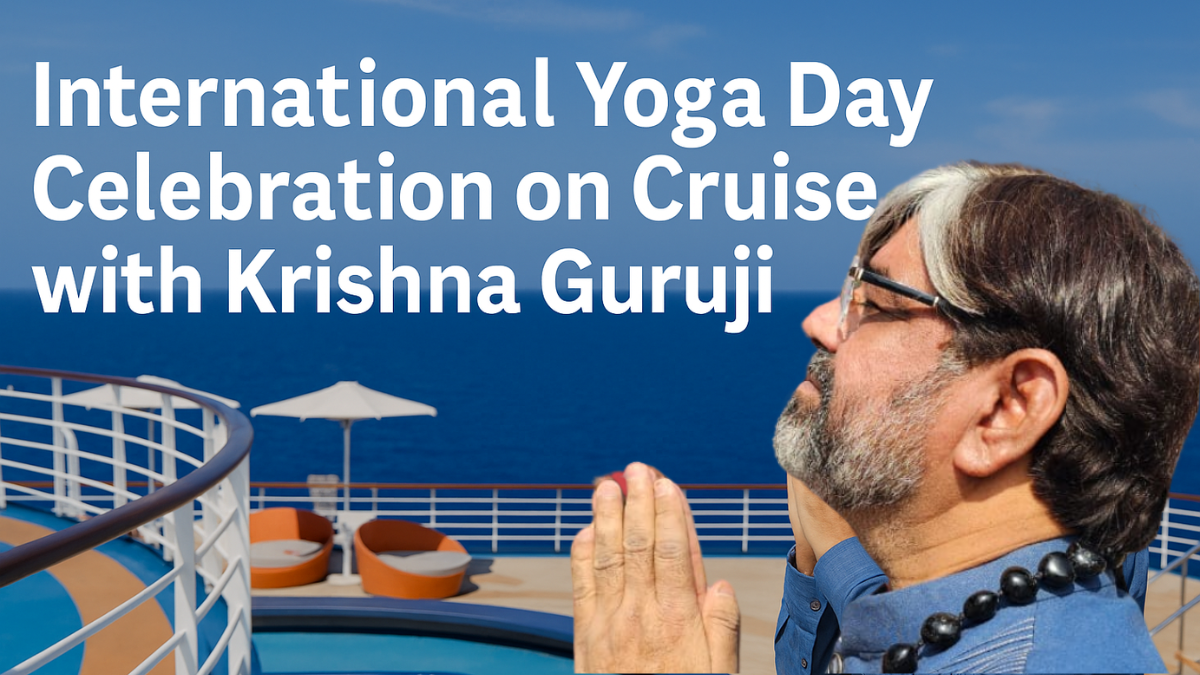Krishna Guruji leading International Yoga Day 2019 yoga session on cruise from Los Angeles to Mexico with ocean in the background