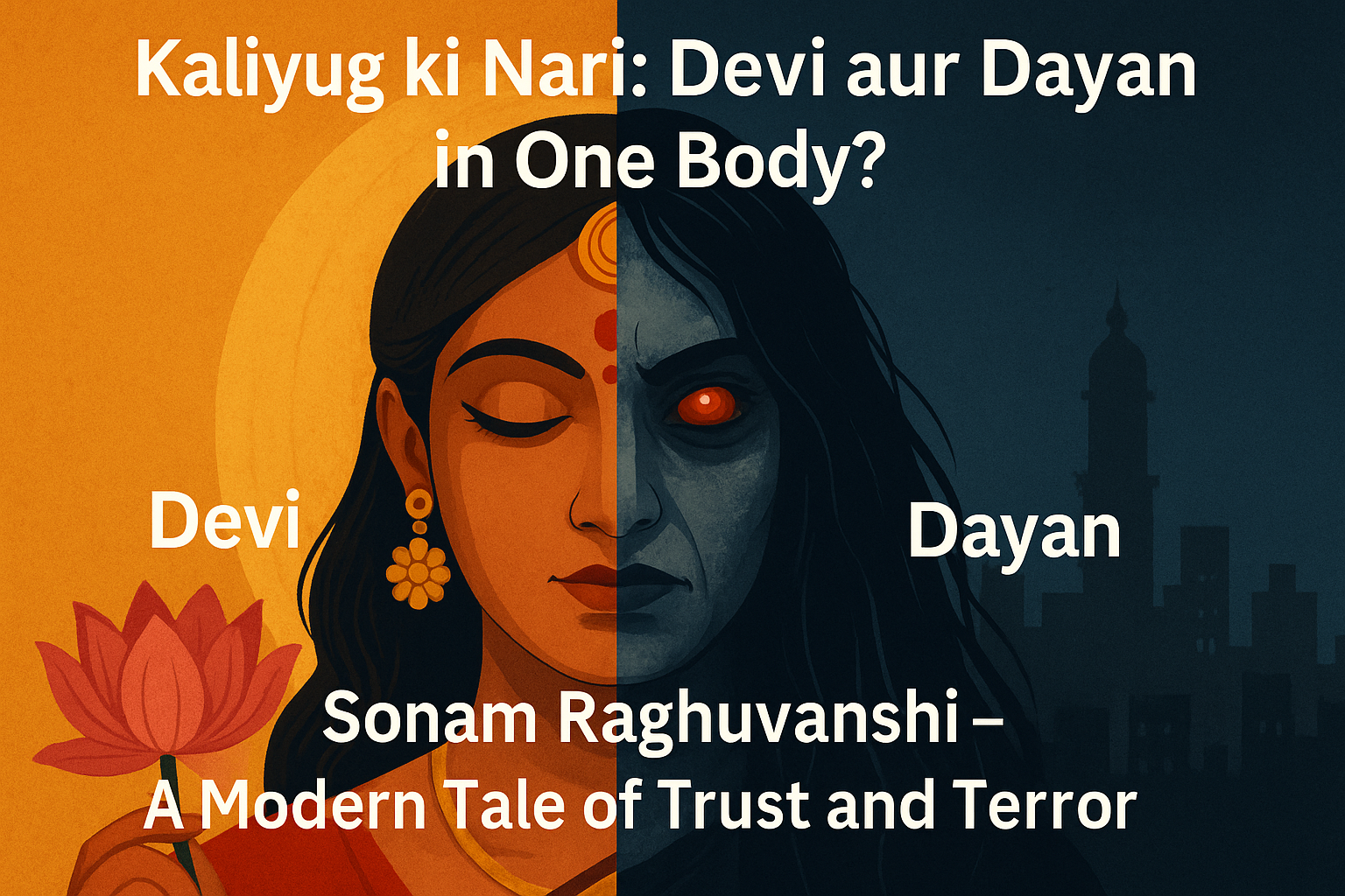 कलयुग की नारी का चित्र जिसमें एक ही महिला देवी और डायन दोनों रूपों में दिखाई गई है