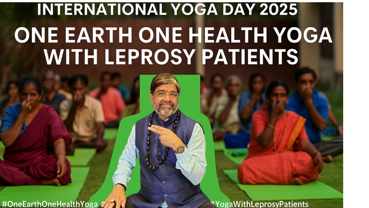 Krishna Guruji leading One Earth One Health Yoga session with leprosy patients on International Yoga Day 2025