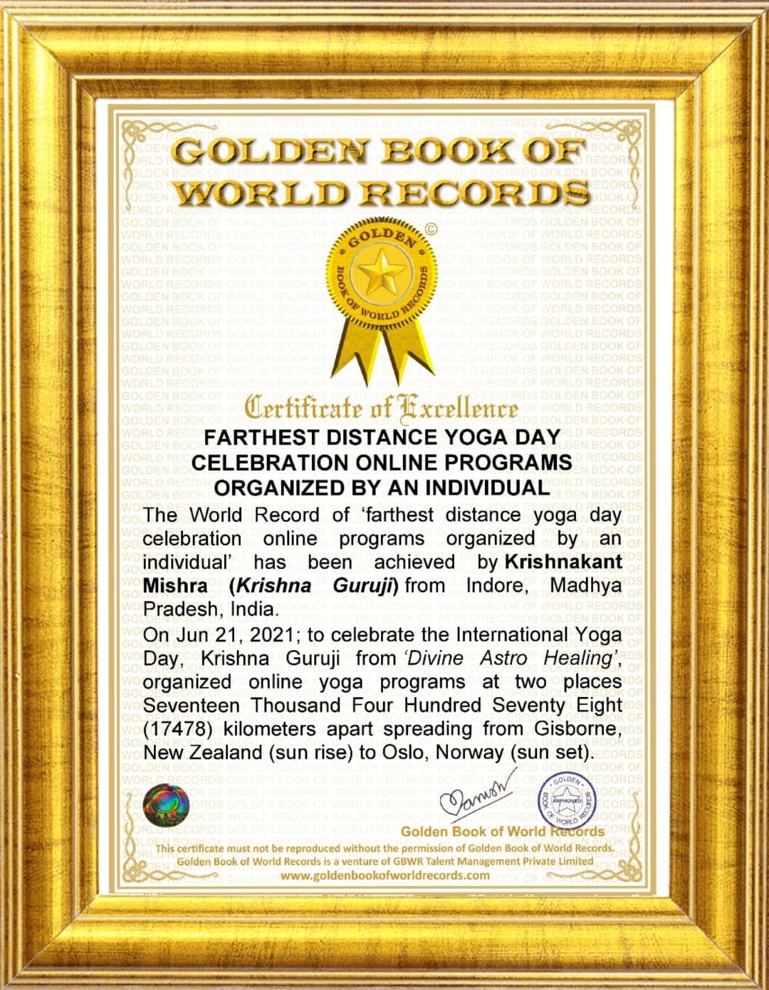 Certificate of Yoga Day World Record awarded to Krishna Guruji by Golden Book of World Records