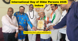 International Day of Older Persons 2025 in Indore – Krishna Guruji honoring senior representatives of democracy’s four pillars with the Vighnaharta Award