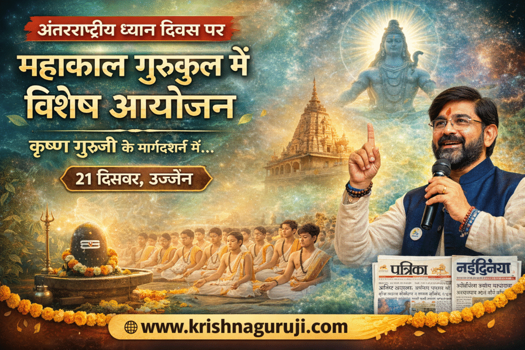 अंतरराष्ट्रीय ध्यान दिवस पर उज्जैन स्थित महाकाल गुरुकुल में कृष्णा गुरुजी द्वारा आयोजित विशेष ध्यान योग कार्यक्रम