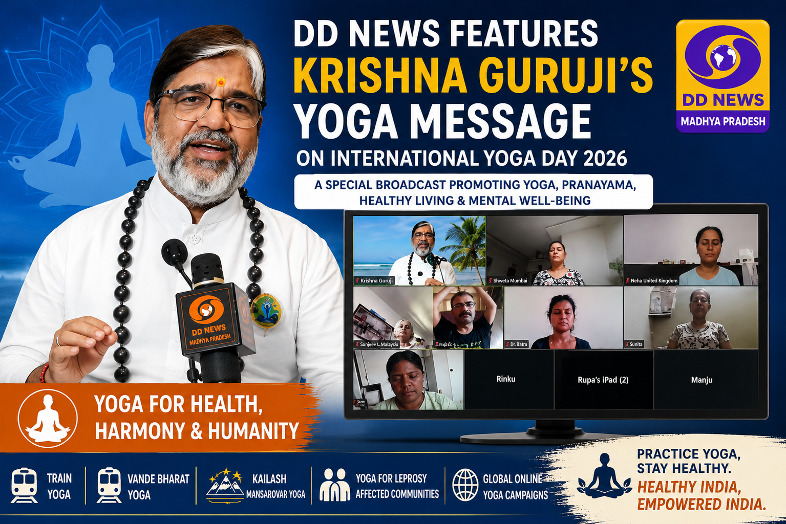 DD News Madhya Pradesh features Krishna Guruji's online Yoga and Pranayama session on International Yoga Day 2026 with participants from India and around the world.