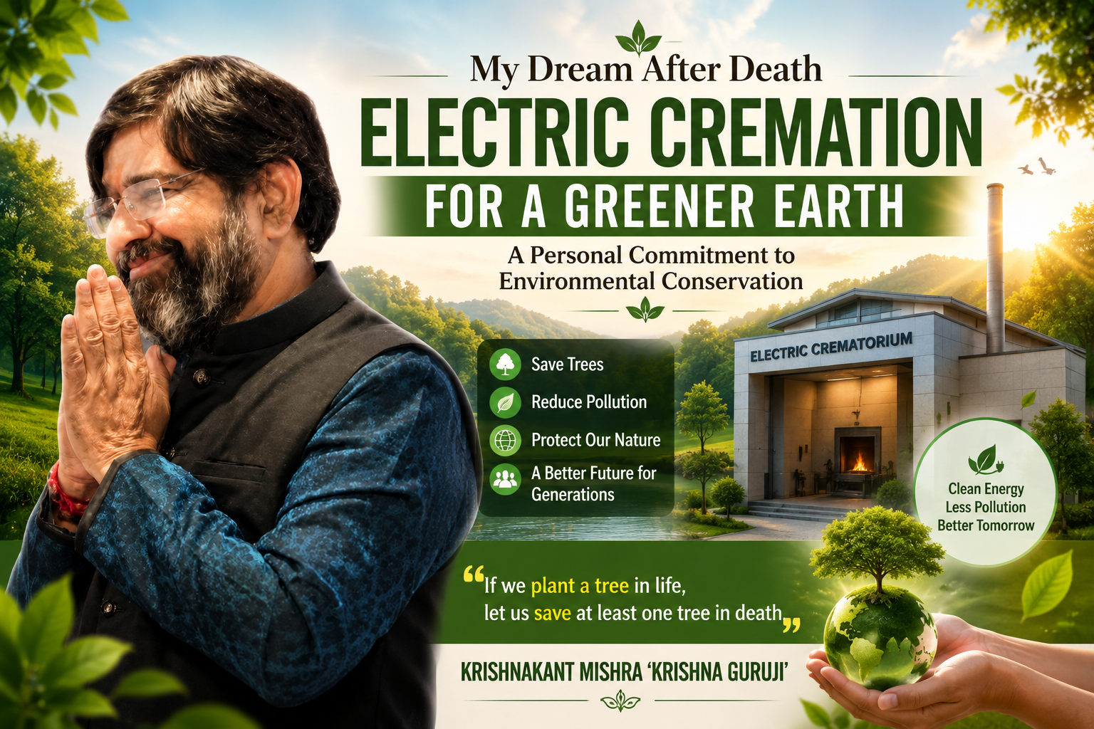 Krishna Guruji promoting electric cremation as an eco-friendly final rite for environmental conservation and a greener Earth.