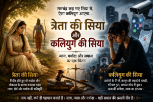 त्रेता की सिया और कलियुग की सिया पर चिंतन दर्शाती फीचर इमेज, जिसमें न्याय, मर्यादा, समाज और आधुनिक तकनीक के प्रभाव को दर्शाया गया है।