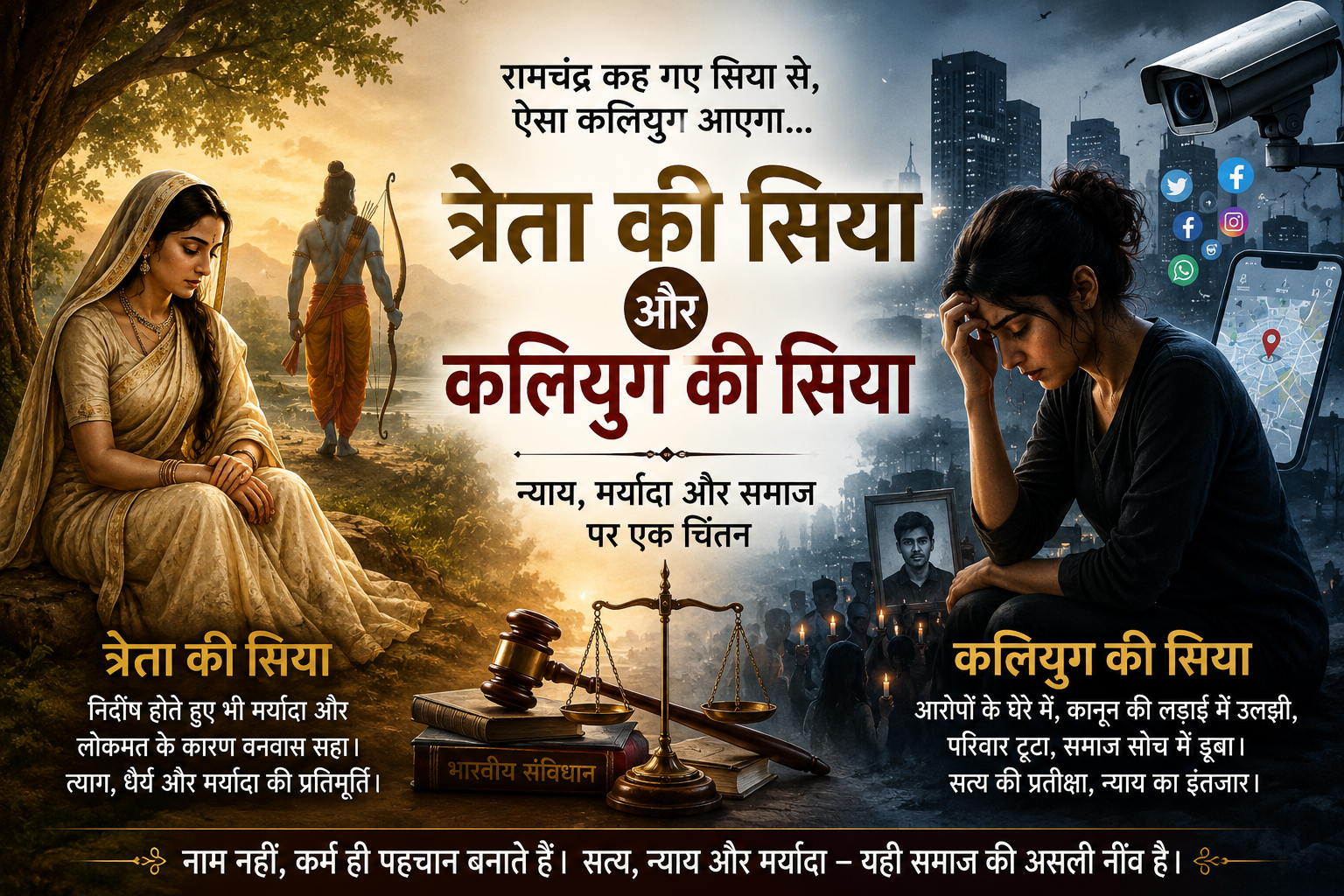 त्रेता की सिया और कलियुग की सिया पर चिंतन दर्शाती फीचर इमेज, जिसमें न्याय, मर्यादा, समाज और आधुनिक तकनीक के प्रभाव को दर्शाया गया है।