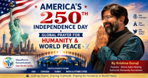 Krishna Guruji leading a Global Prayer for Humanity and World Peace on America's 250th Independence Day with participants from the USA, Canada, Dubai, and India.