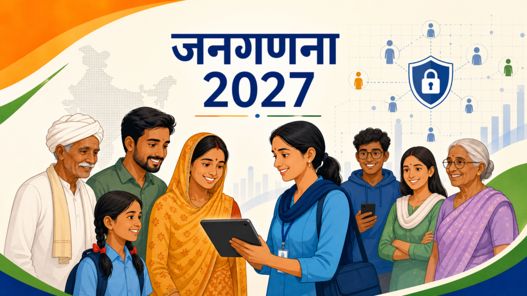 जनगणना 2027 डिजिटल Census में नागरिक और टैबलेट के साथ गणनाकर्मी