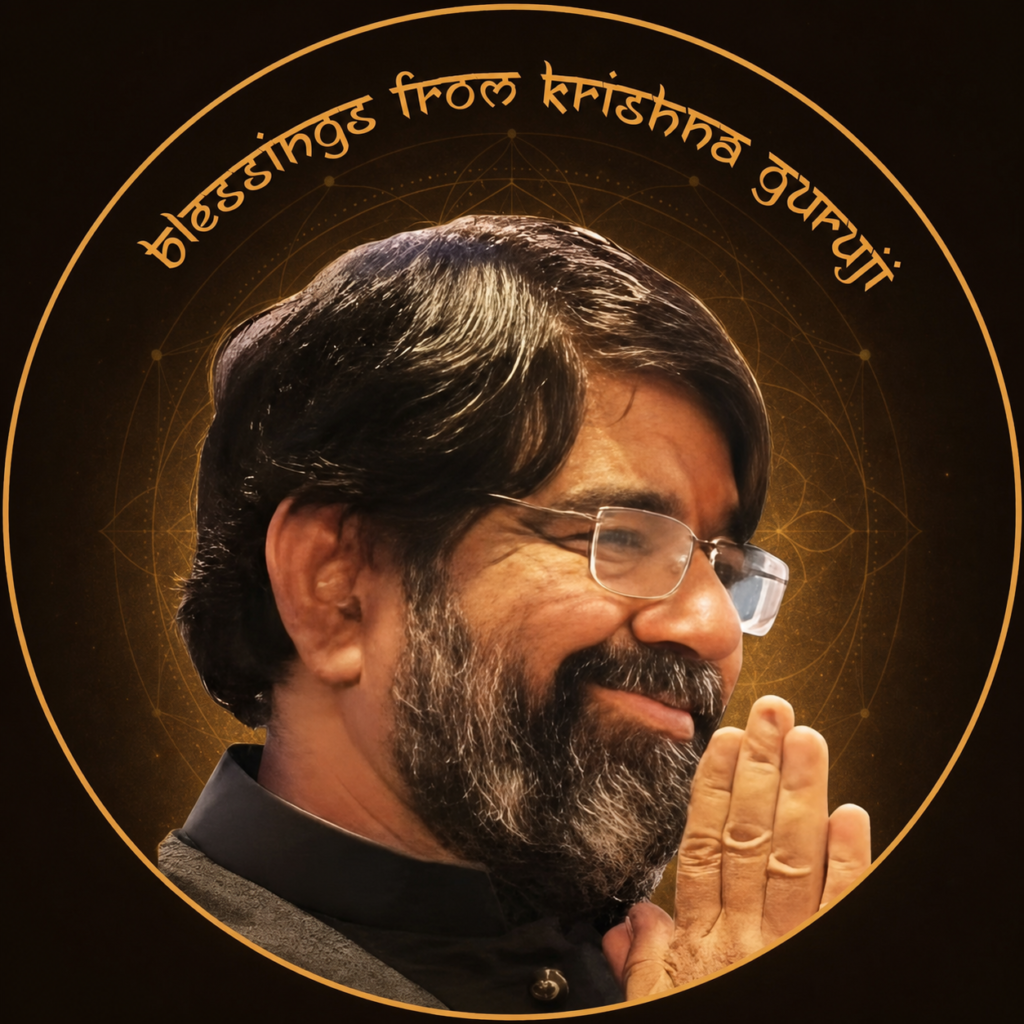 Krishna Guruji greeting with folded hands on a brown and gold spiritual background
