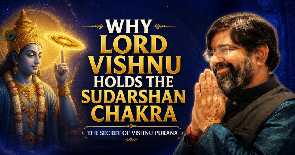 Lord Vishnu holding the Sudarshan Chakra on his index finger with Krishna Guruji