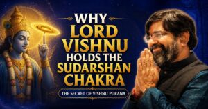 Lord Vishnu holding the Sudarshan Chakra on his index finger with Krishna Guruji