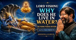 Lord Vishnu reclining on Sheshnag in Kshirsagar with Brahma on a lotus and Krishna Guruji”