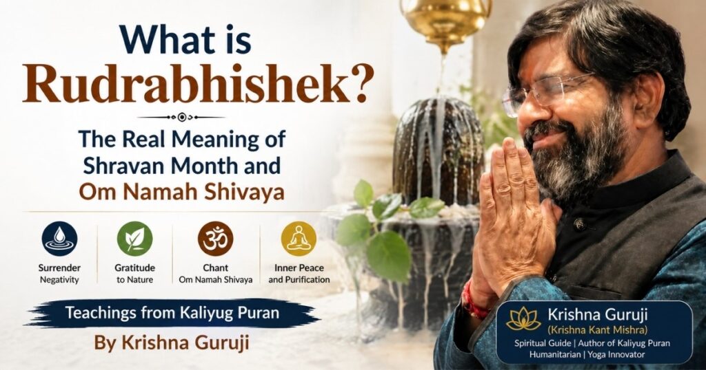 Krishna Guruji explaining the true meaning of Rudrabhishek, Shravan Month, and Om Namah Shivaya with a Shivling background.