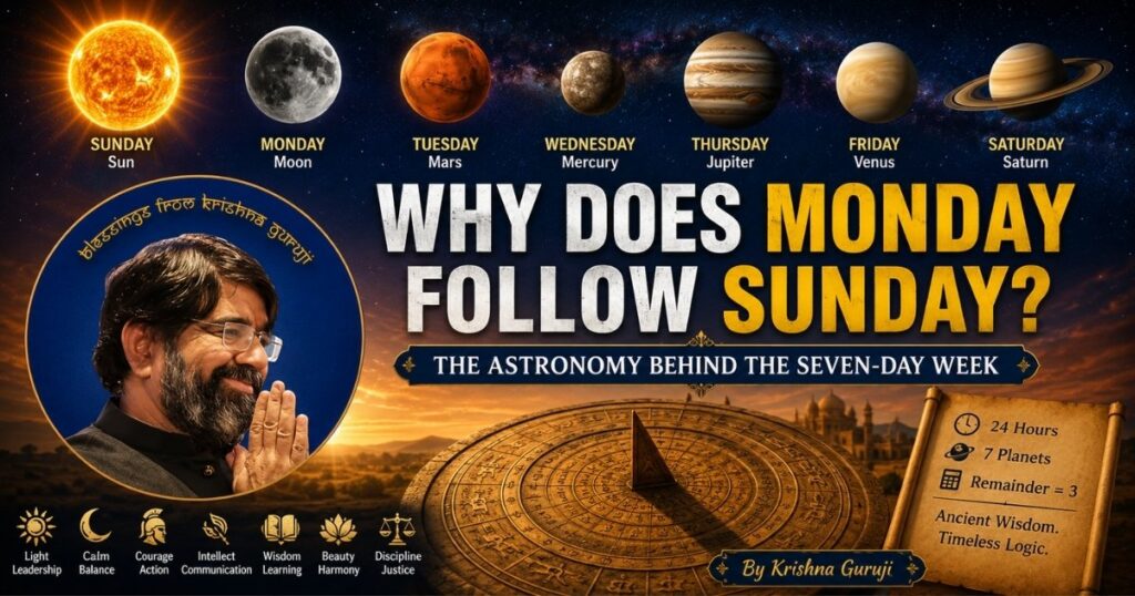 Why Does Monday Follow Sunday? Feature image explaining the astronomy, mathematics, and ancient origin of the seven-day week by Krishna Guruji.