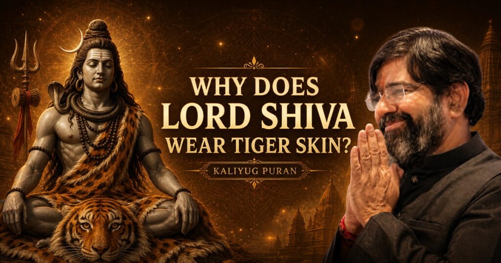 Lord Shiva seated on tiger skin beside Krishna Guruji for Kaliyug Puran