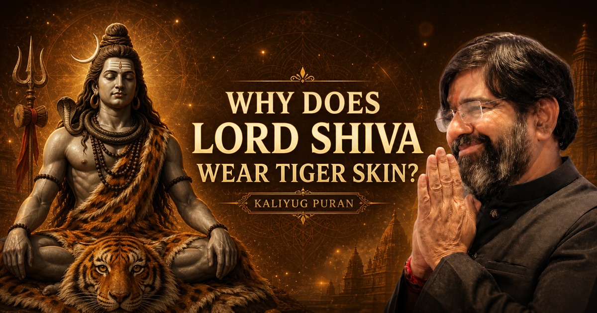 Lord Shiva seated on tiger skin beside Krishna Guruji for Kaliyug Puran