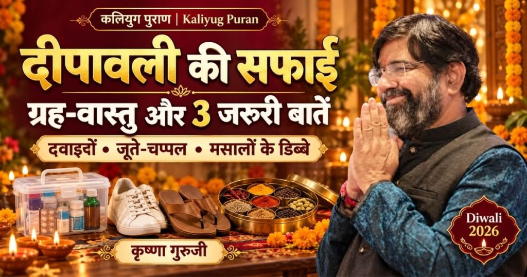 दीपावली की सफाई पर मुस्कुराते कृष्णा गुरुजी, साथ में दवाइयों का डब्बा, जूते-चप्पल और मसालों के डिब्बे।