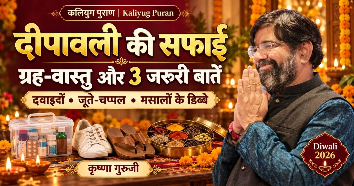 दीपावली की सफाई पर मुस्कुराते कृष्णा गुरुजी, साथ में दवाइयों का डब्बा, जूते-चप्पल और मसालों के डिब्बे।