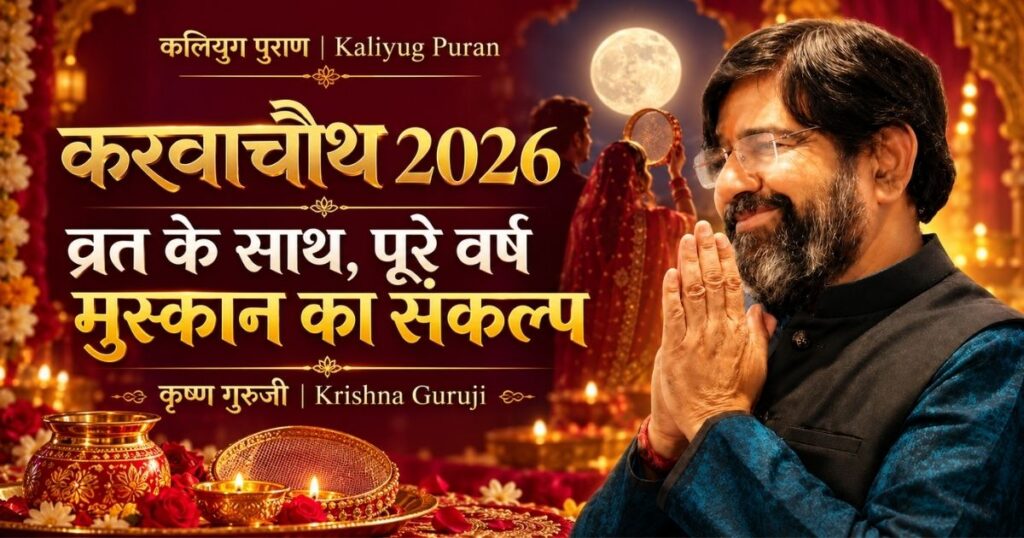 करवाचौथ व्रत 2026 पर मुस्कुराते कृष्ण गुरुजी का नमस्कार मुद्रा में चित्र, साथ में चाँद, पूजा की थाली और पूरे वर्ष मुस्कान बनाए रखने का संदेश।