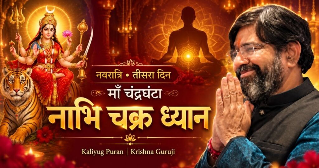 नाभि चक्र ध्यान के लिए माँ चंद्रघंटा, नाभि पर सुनहरे प्रकाश वाली ध्यान मुद्रा और नमस्ते करते कृष्णा गुरुजी।