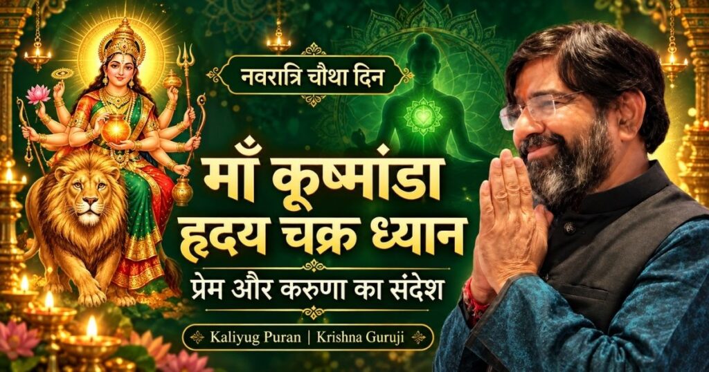 नवरात्रि चौथा दिन: माँ कूष्मांडा, हृदय चक्र पर ध्यान करती आकृति और नमस्कार करते कृष्णा गुरुजी।